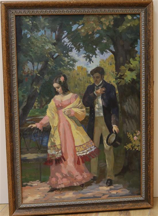 An oil on canvas of a couple courting 59.5x39.5cm